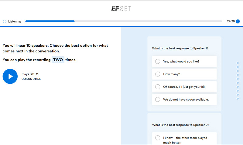 Giao diện phần test listening trên website EF SET
