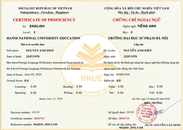 Sample Level 3 language certificate