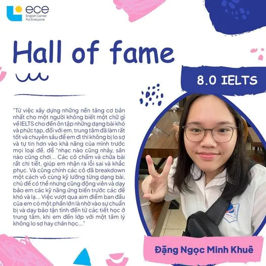 ECE congratulates student Dang Ngoc Minh Khue on her 8.0 IELTS achievement