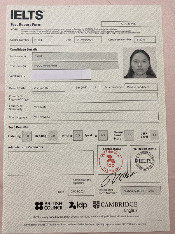 Bảng điểm thi IELTS học viên Đặng Ngọc Minh Khuê - Lớp IA104