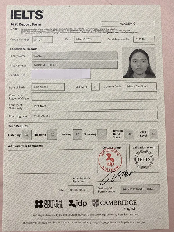 IELTS Test Report Form (TRF) of student Dang Ngoc Minh Khue - Class IA104