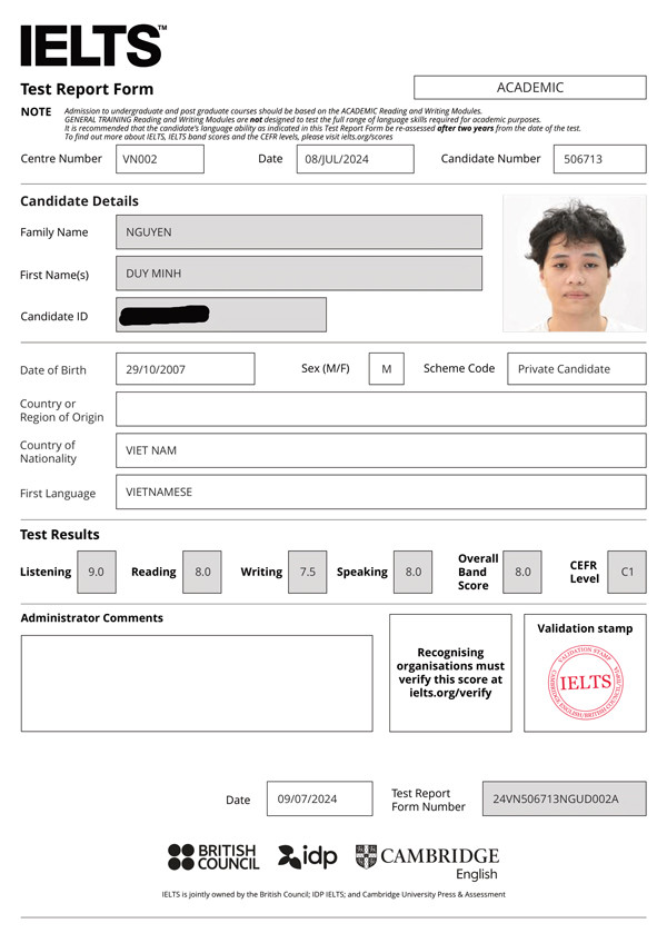 Bảng điểm học viên Nguyễn Duy Minh