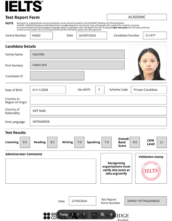 Bảng điểm IELTS học viên Nguyễn Hạnh Nhi