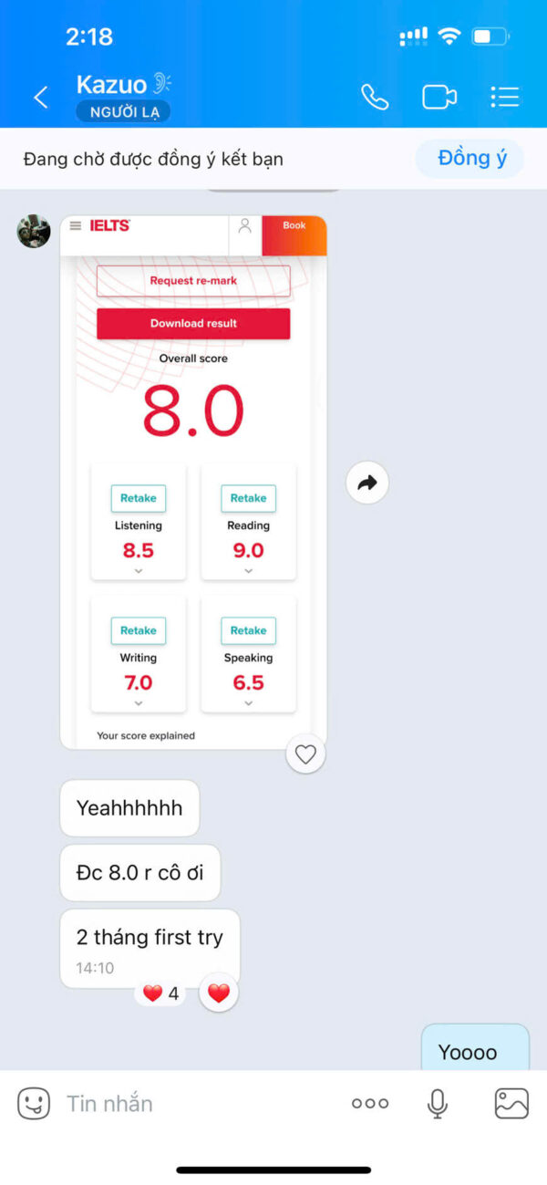 Học viên ECE khoá IA137 báo điểm 8.0 IELTS ngày 2/1/2026