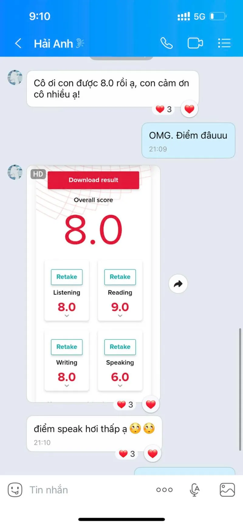 Student Hai Anh from class IA130 reports to Ms. Nuong on 13/10/2025. Hai Anh achieved 8.0 Overall IELTS with a 9.0 in Reading and 8.0 in Writing (very rare)