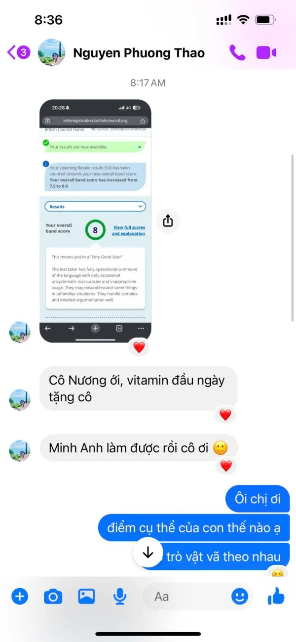Student Minh Anh from class IA118 achieves 8.0 Overall IELTS & reports to ECE on 03/06/2025