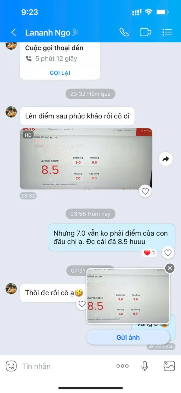 Student Nguyen Hoang Tue Minh from class IA118 achieves 8.0 Overall IELTS & reports to the center on 10/06/2025