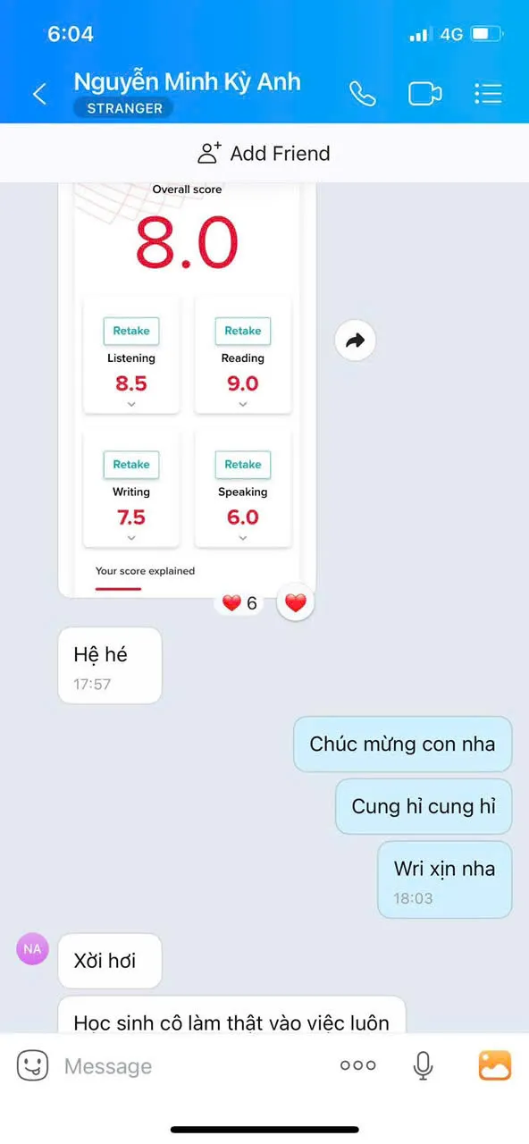 Student Nguyen Minh Ky Anh from class IA125 achieves 8.0 IELTS & reports on 23/06/2025
