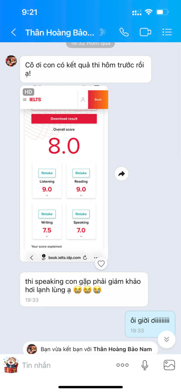 Học viên Thân Hoàng Bảo Nam - Lớp IA137 báo điểm cho trung tâm ngày 23/12/2025