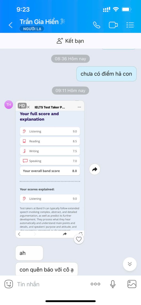 Học viên Trần Gia Hiển - Lớp IA130 đạt 8.0 IELTS Overall và báo điểm cho trung tâm ngày 25/11/2025