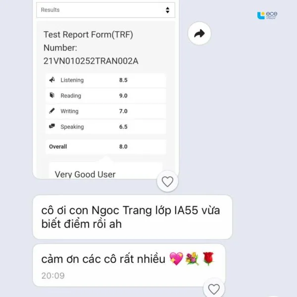 Student from class IA55 reports 8.0 Overall IELTS to ECE