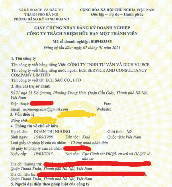 Mẫu giấy chứng nhận đăng ký kinh doanh của trung tâm ngoại ngữ ECE