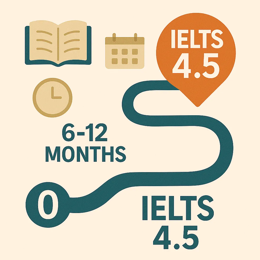 It takes 6 - 12 months to reach IELTS 4.5 from scratch
