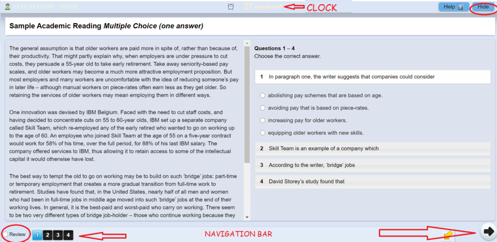 Giao diện thi IELTS trên máy tính (kỹ năng Reading)
