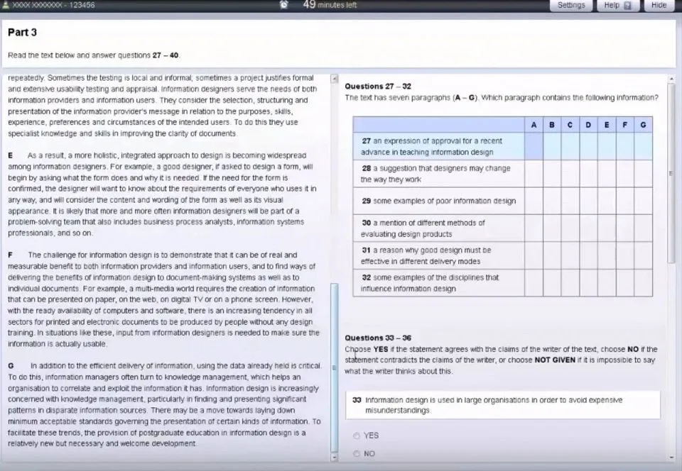 Computer-delivered IELTS interface (Reading section)