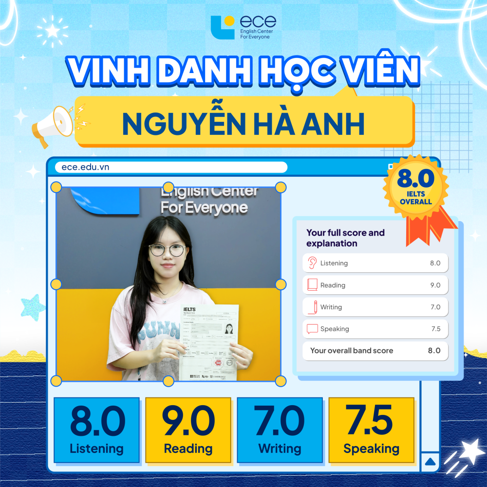 Học viên Hà Anh lớp IA118 - Đạt 8.0 IELTS sau 3 tháng học tại ECE chỉ với 1 lần thi