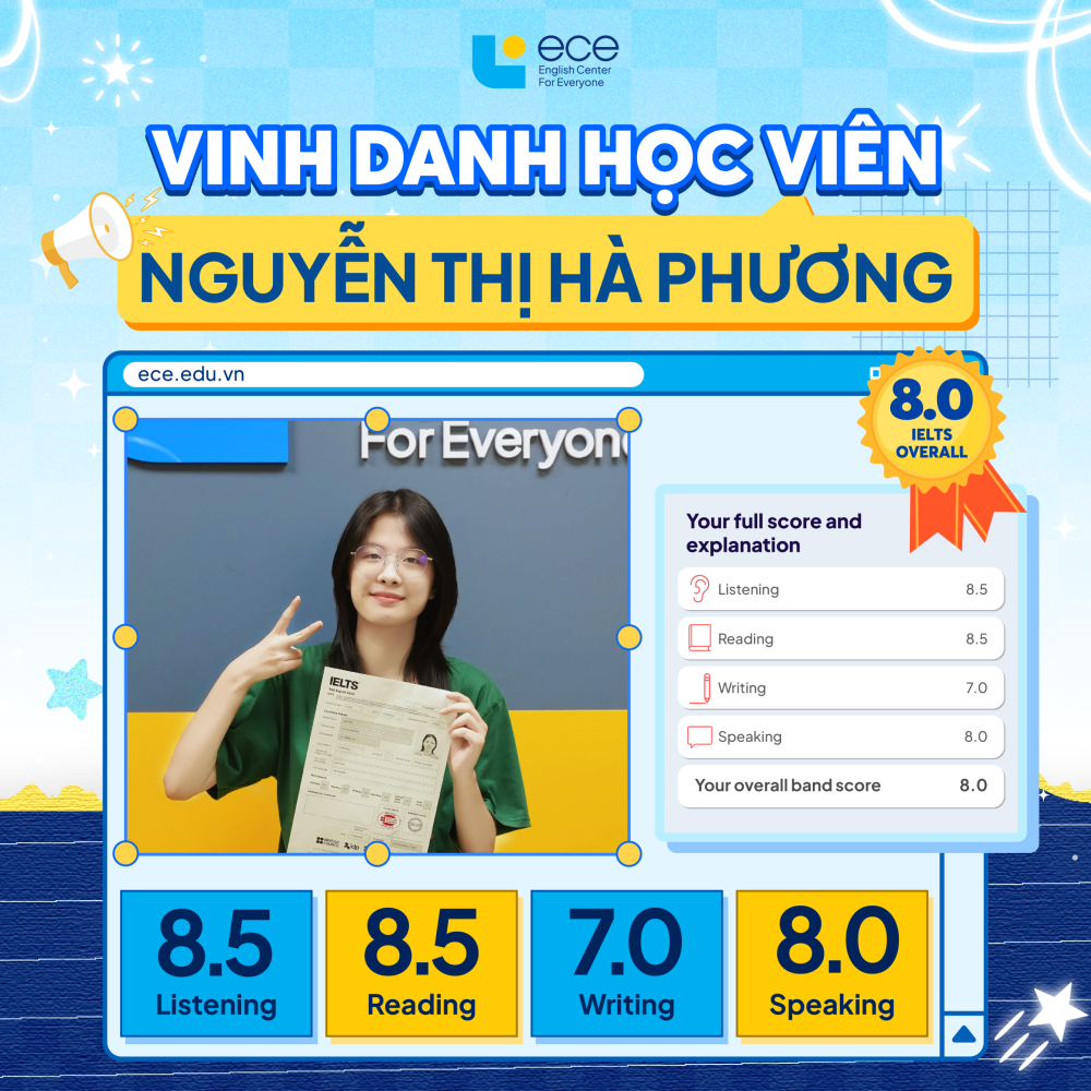 Hà Phương đã tăng 1 band điểm từ 7.0 - 8.0 IELTS Overall sau 3 tháng học tại ECE