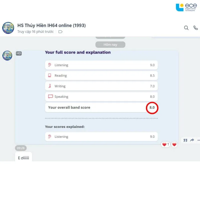 Student Thuy Hien, 8.0 IELTS (online class IH64)