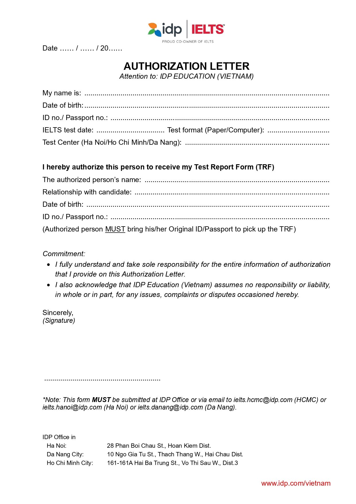 Mẫu đơn ủy quyền nhận chứng chỉ IELTS tại IDP