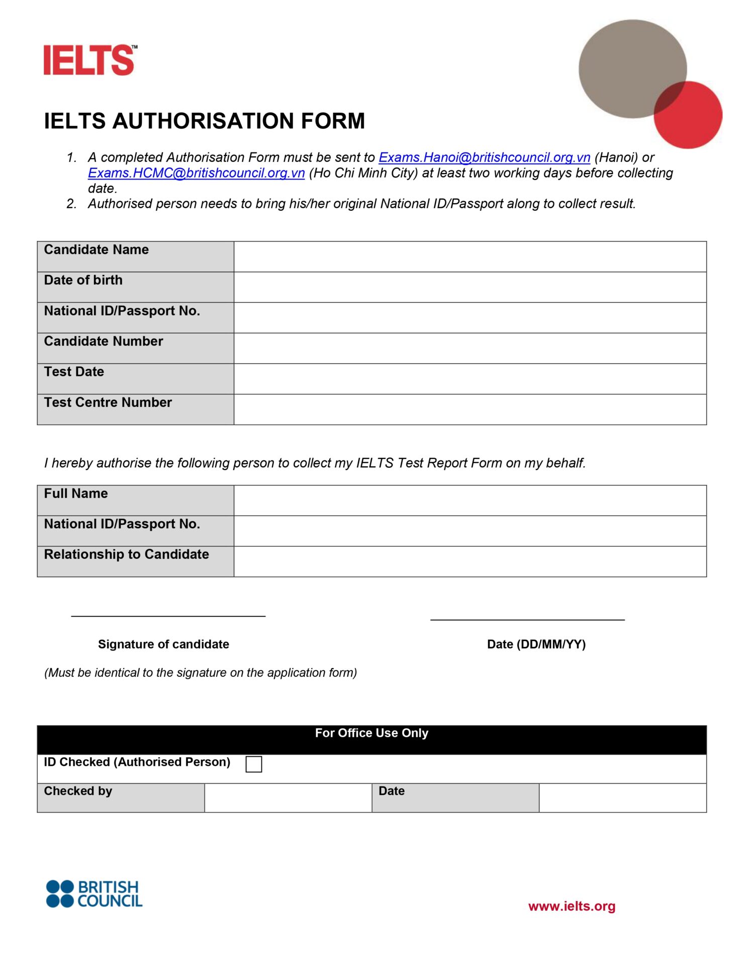Mẫu giấy ủy quyền nhận chứng chỉ IELTS tại British Council (BC)