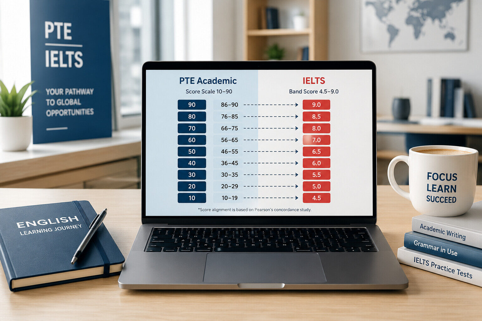 Bảng quy đổi điểm PTE sang IELTS