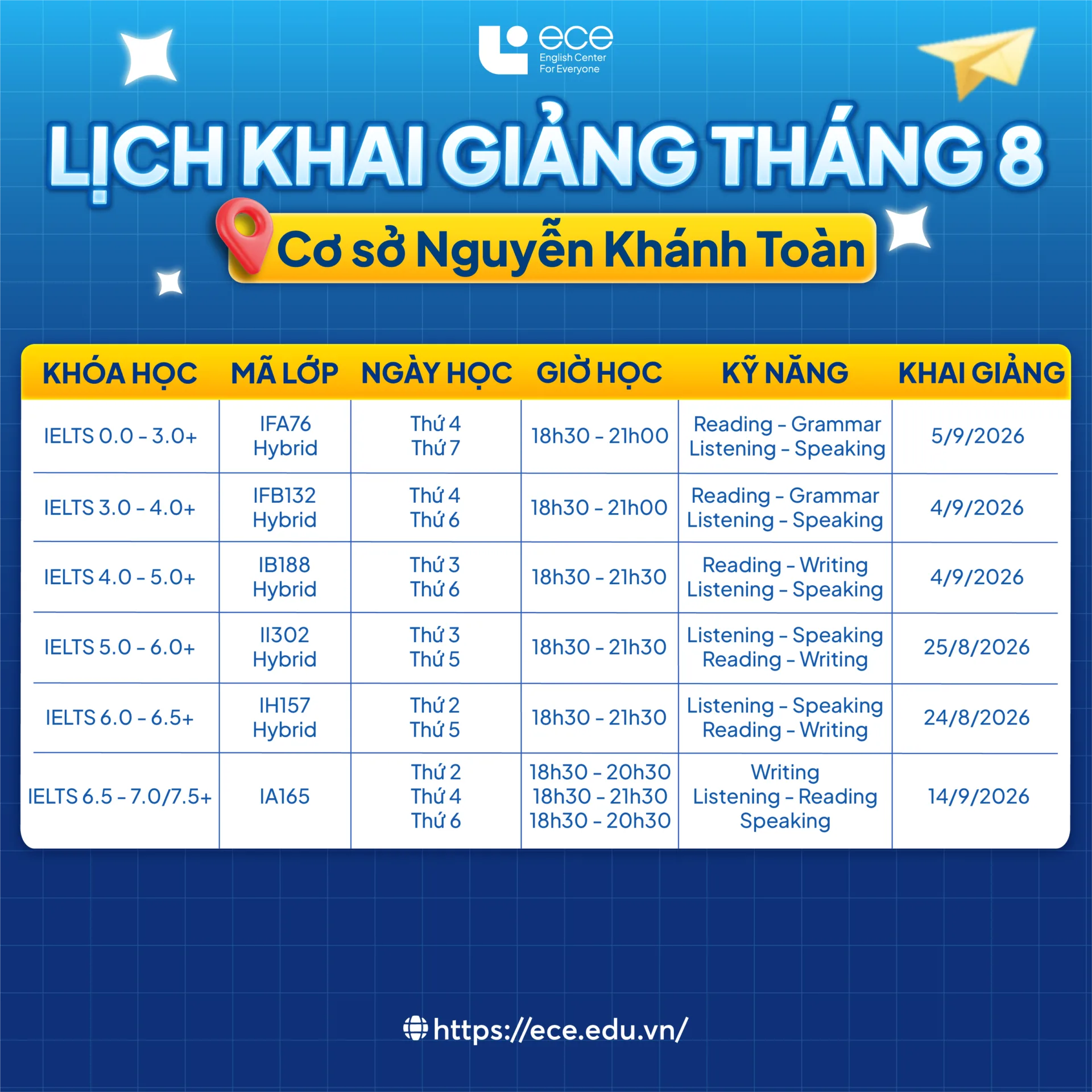 Lịch khai giảng tháng 8 – Cơ sở Nguyễn Khánh Toàn
