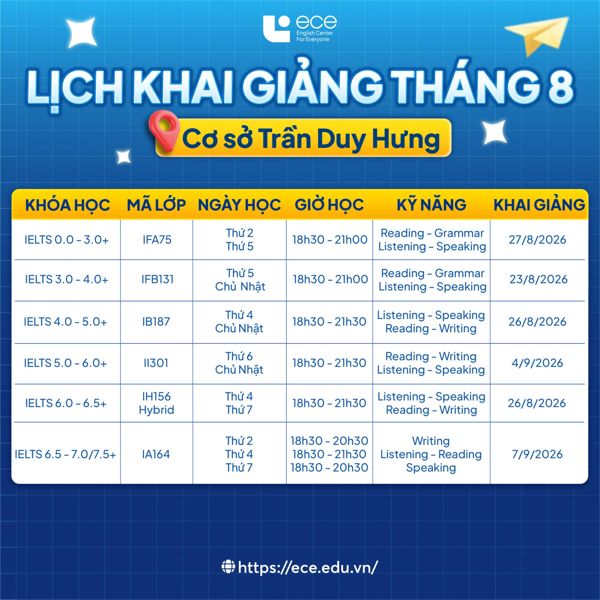 Lịch khai giảng tháng 8 – Cơ sở Trần Duy Hưng