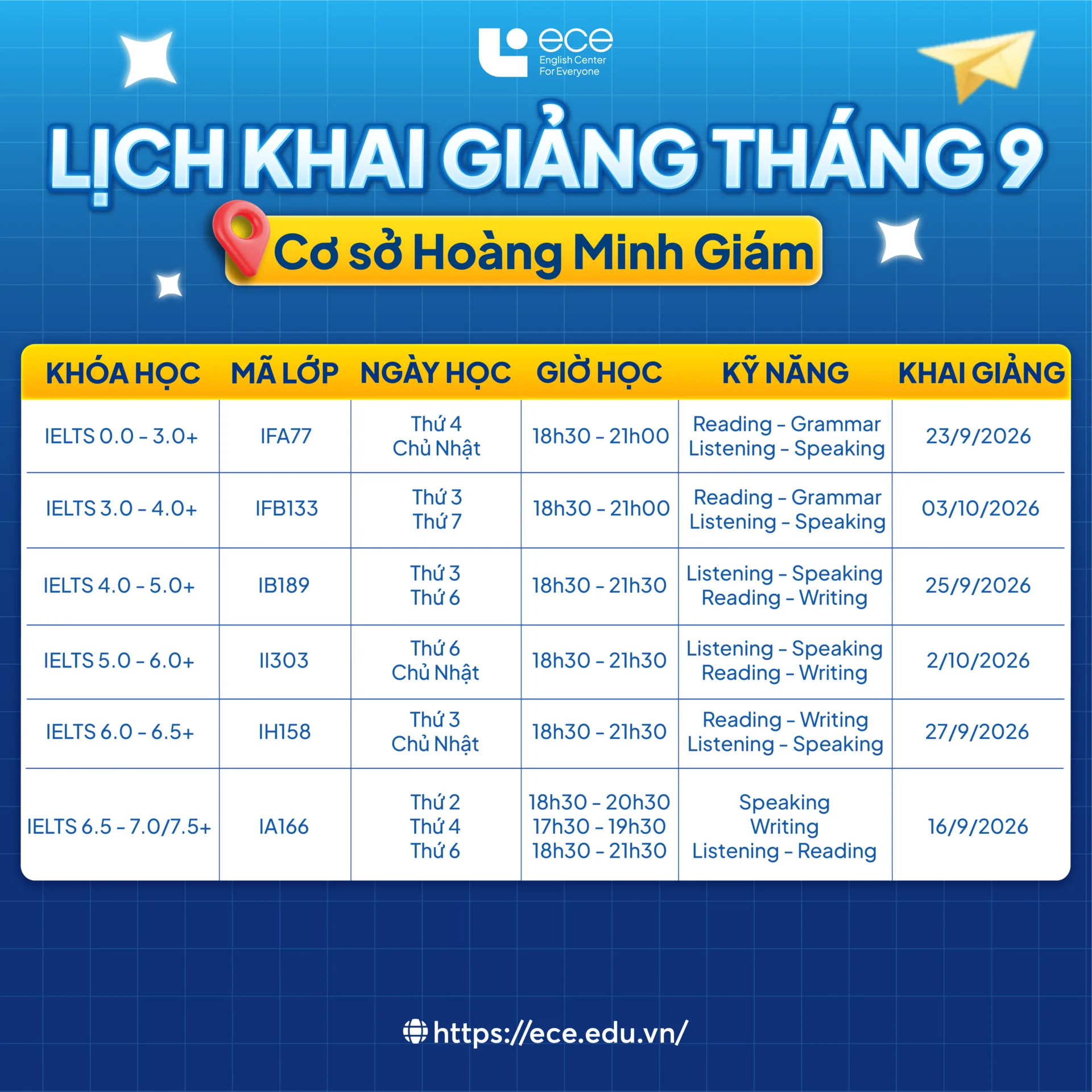 Lịch khai giảng tháng 9 – Cơ sở Hoàng Minh Giám