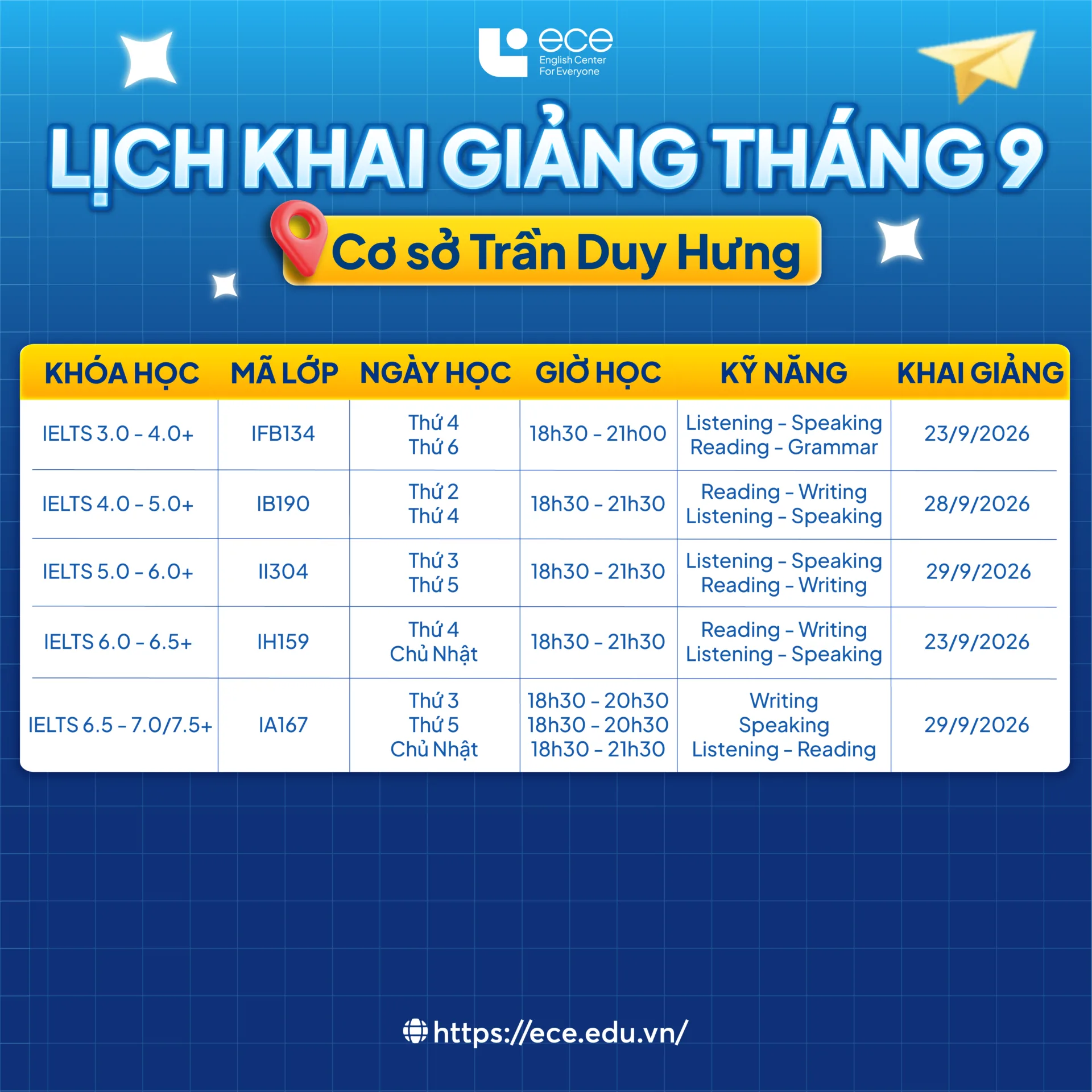 Lịch khai giảng tháng 9 – Cơ sở Trần Duy Hưng
