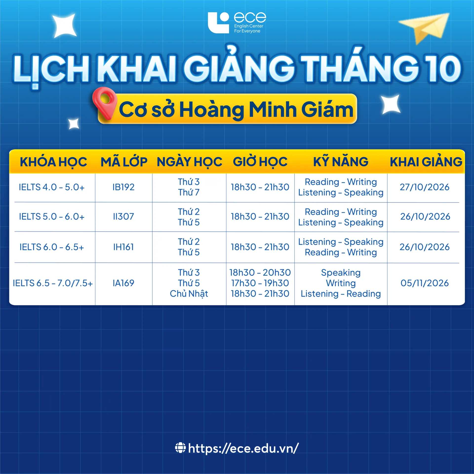 Lịch khai giảng tháng 10 – Cơ sở Hoàng Minh Giám