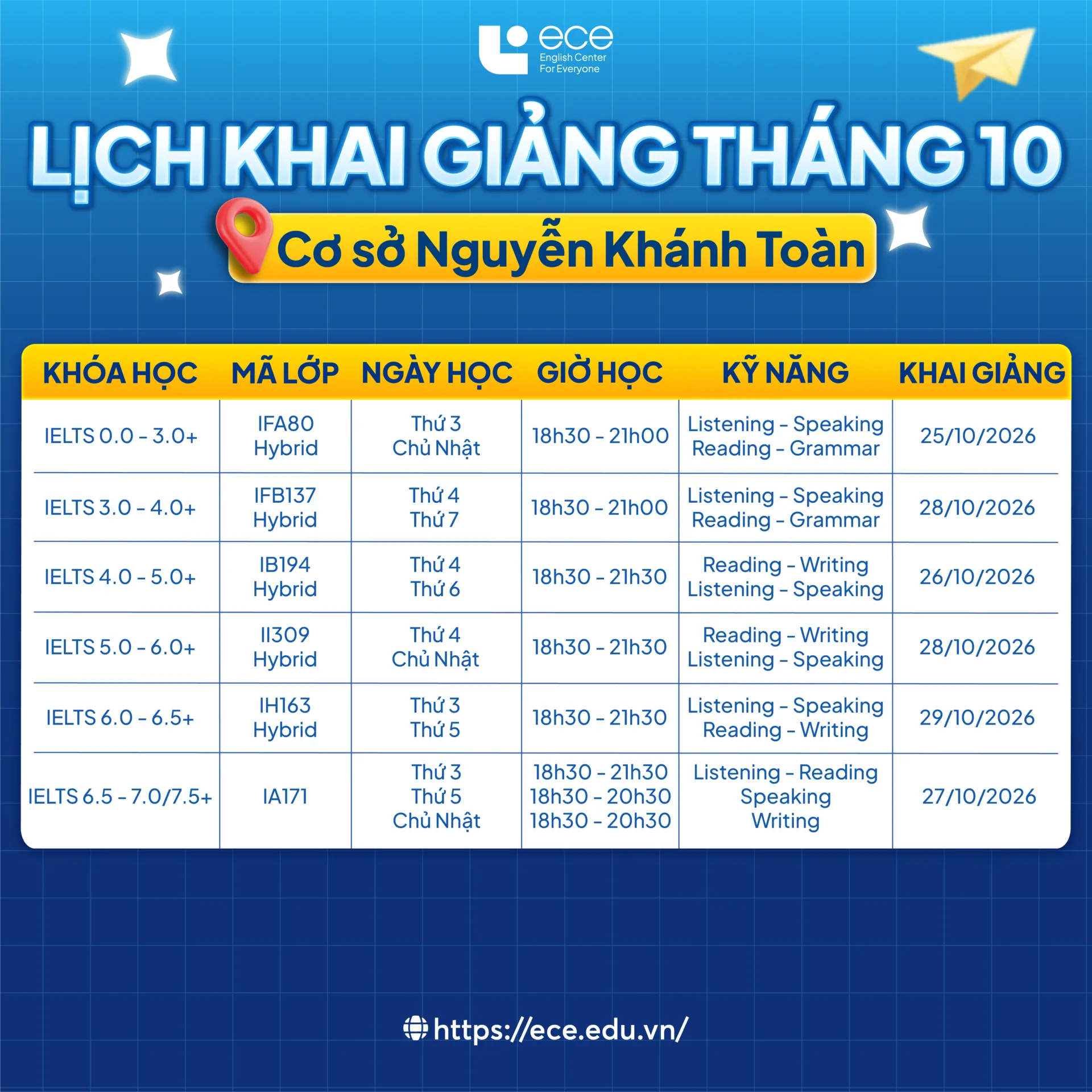 Lịch khai giảng tháng 10 – Cơ sở Nguyễn Khánh Toàn
