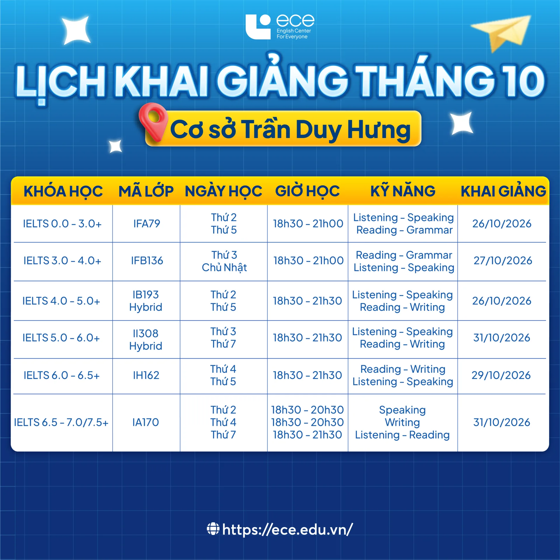 Lịch khai giảng tháng 10 – Cơ sở Trần Duy Hưng